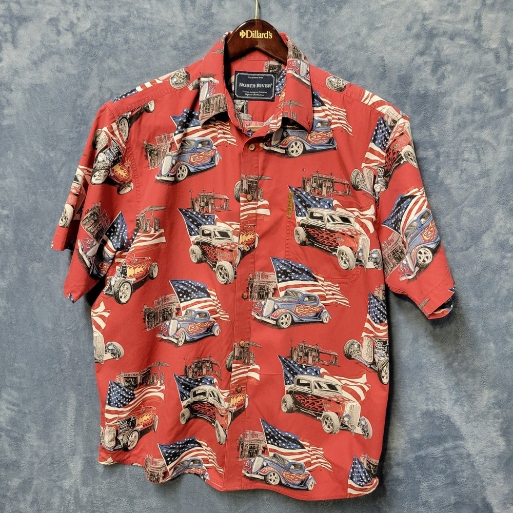 North River Mens Short Sleeve Button Up Shirt‎ Hot Rod American Flag Print Red